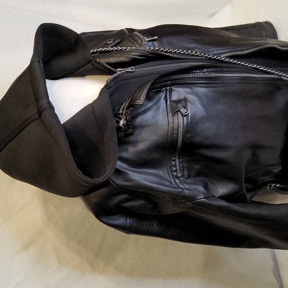 Unisex Michael Kors black soft faux leather 2fer bomber hoodie jacket L - Picture 2 of 5